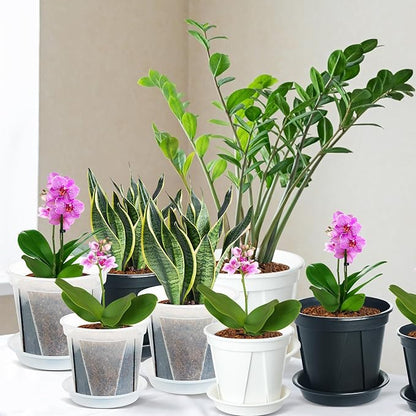Plant Pots 7/6/4.7 Inch Set of 6, Clear Plastic Nursery Pots with Drainage Holes and Saucers, Flowers Planter Pots for Indoor Outdoor Plants (Variety Size, Clear)