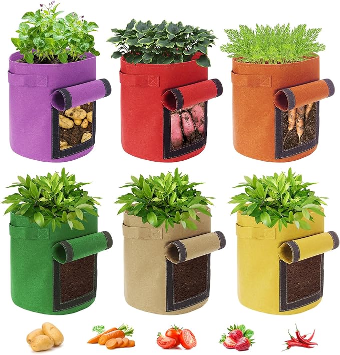 6 Pack 5 Gallon Potato Grow Bags with Flap, Potato Growing Bags Garden Planting Bag with Handle, Nonwoven Fabric Vegetables Growing Pots for Tomato Carrot Onion (5 Gallon)