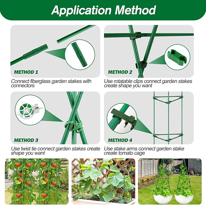 256PCS Garden Stakes Set with 75PCS 16 Inch Fiberglass Plant Sticks and Stake Arms, DIY 4ft 5ft 6ft 7ft 8ft Tomato Stakes, Garden Stakes for Vegetables Tomato Pepper Indoor Outdoor Plants