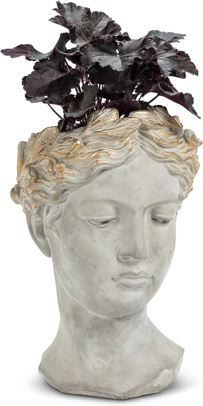 Abbott Collection Aphrodite Head Planter – Large Indoor and Outdoor Planter Pots - Whimsical Woman Statue Head Planter for Flowers and Succulents (10 inch, Grey/Gold)