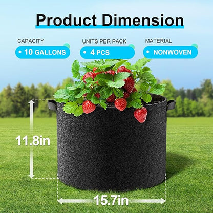 Land Guard 4-Pack Fabric Grow Bags 10 Gallon, Thickened Nonwoven Garden Pots, Growing Bags with Handles, Black