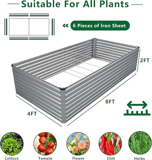 8x4x2FT Galvanized Raised Garden Bed Kit,Vegetable Plant Boxes-Rectangle Metal Flower Box,Large Planter Raised Beds Outdoor Garden for Planting,Fruit,Herb-Silver