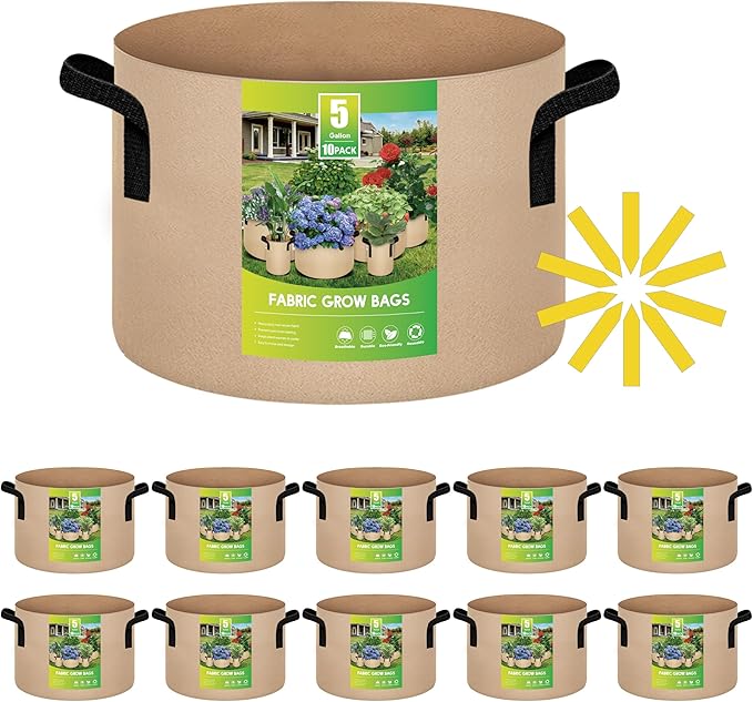 iPower Plant Grow Bags 5 Gallon 10-Pack Tan Heavy Duty Thickened Nonwoven Aeration Fabric Pots Durable Container with Strap Handles, Gardening & Planting Fruit