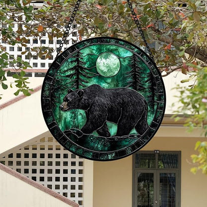 Stained Glass Window Hanging 4 Pcs Set Green Forest Night Sky Wildlife Large 15" - Suncatcher Door Garden Sun Catcher Decor Birthday for Mom Woman Nana Men Friend