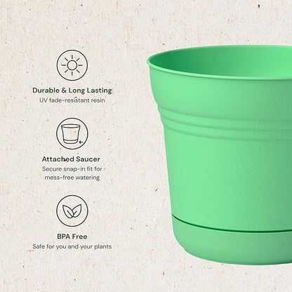 Bloem Saturn 12" Mint Green Round Resin Planter Pot with Snap-in Saucer for Indoor and Outdoor Gardening