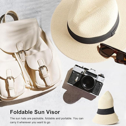 DRESHOW Women Straw Panama Hat Travel Fedora Beach Sun Hat Summer Wide Brim Straw Roll up Hat UPF 50+