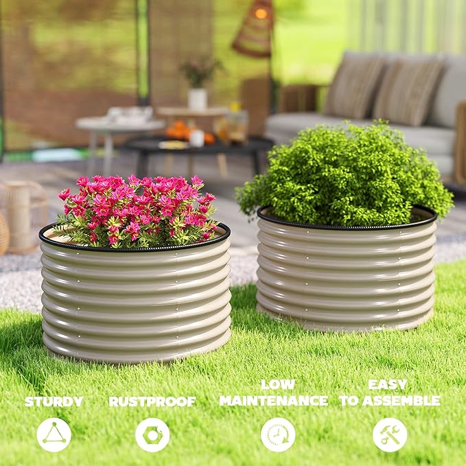 Outsunny Galvanized Raised Garden Bed Set of 2, Planters for Outdoor Plants with Safety Edging, Easy-to-Assemble Stock Tanks for Growing Flowers, Herbs and Vegetables, 3' x 3' x 2', Cream White