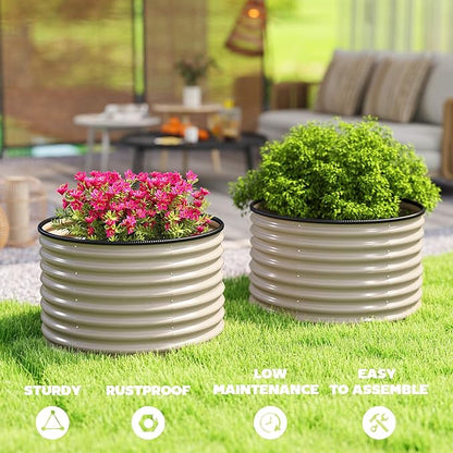 Outsunny Galvanized Raised Garden Bed Set of 2, Planters for Outdoor Plants with Safety Edging, Easy-to-Assemble Stock Tanks for Growing Flowers, Herbs and Vegetables, 3' x 3' x 2', Cream White
