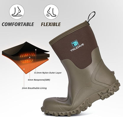 Trudave Rubber Boots for Men, 6mm Neoprene Insulated Mud Boots with Steel Shank, Men's Mid Calf Waterproof Rain Boots,Anti-Slip Rubber Work Boots for Farming Gardening Fishing,Size 7-13