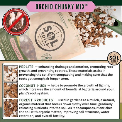 Sol Soils Chunky Orchid Potting Mix - 100% Peat-Free, Lightweight, and Aerated with Coconut Husk, Perlite & Recycled Forest Products for Fast Draining, Healthy Orchids - 1 Quart