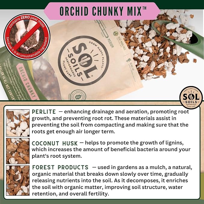 Sol Soils Chunky Orchid Potting Mix - 100% Peat-Free, Lightweight, and Aerated with Coconut Husk, Perlite & Recycled Forest Products for Fast Draining, Healthy Orchids - 1 Gallon