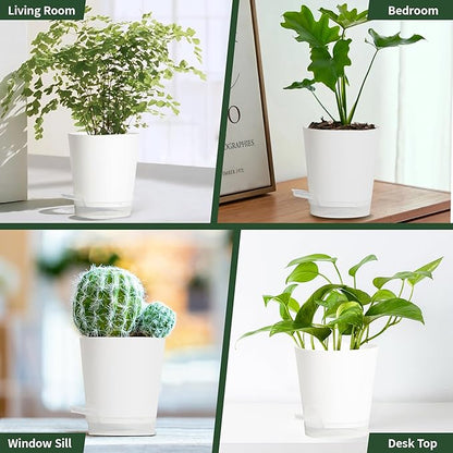 4 Inch 5 Pack Small Self Watering Pots for Indoor Plants, Nursery Pot with Drainage Holes and Saucers, Plastic Small Flower Planter for Succulent, Aloe, Cacti and More (White)