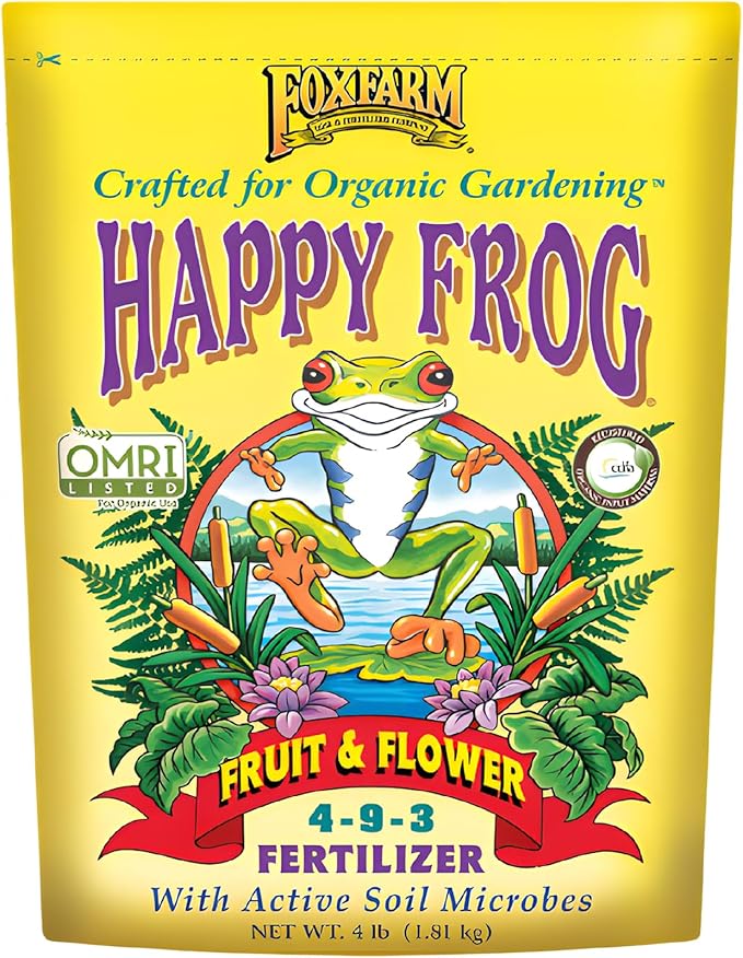 FoxFarm Happy Frog Fruit & Flower Fertilizer - Supports Abundant Fruit & Flowering - Nitrogen for Sustained Growth - Mycorrhizal Fungi for Vigorous Root Systems - OMRI Listed Organic - 4 lb
