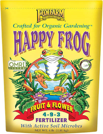 FoxFarm Happy Frog Fruit & Flower Fertilizer - Supports Abundant Fruit & Flowering - Nitrogen for Sustained Growth - Mycorrhizal Fungi for Vigorous Root Systems - OMRI Listed Organic - 4 lb
