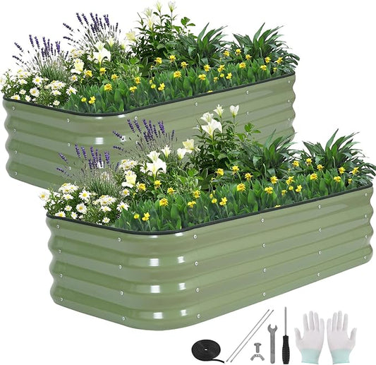 3 in 1 Galvanized Raised Garden Bed - 4x2x1ft (2Packs) Modular Planter Box Outdoor | Metal Raised Bed Kit with Bracing Rods for Gardening Vegetables Flowers Fruits Herbs (Green)