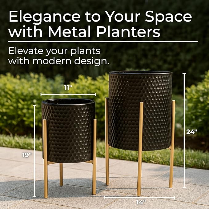 Decorative Flower Pots with Metal Stand for Home Decor - Modern Planters for Hallway, Entryway, and Living Room Decor - Indoor and Outdoor Pots for Plants - Set of 2, 23", 19", Black & Gold