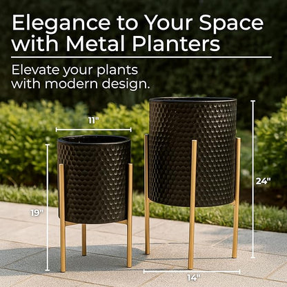 Decorative Flower Pots with Metal Stand for Home Decor - Modern Planters for Hallway, Entryway, and Living Room Decor - Indoor and Outdoor Pots for Plants - Set of 2, 23", 19", Black & Gold