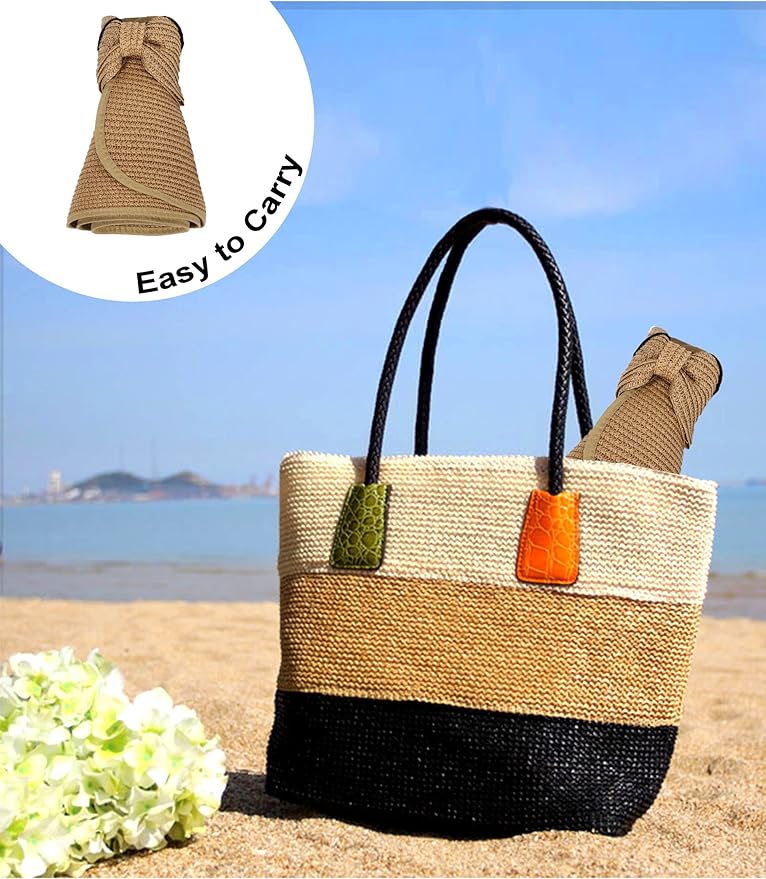Womens Beach Straw Sun Hats Ponytail Hole Wide Brim Summer Visor Foldable Hat Sun Protection Packable for Travel Pool