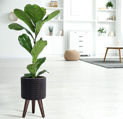 D'vine Dev 8 Inch Modern Geometric Tile Patterned Sleek Planter Pot with Stand, Indoor Outdoor Decorative Plant Holder, Distressed Black, 88-Z-A-5