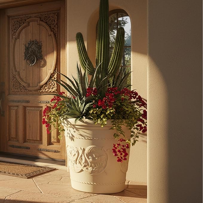Sunnydaze 19.5-Inch Arabella Large Plastic Pot for Plants - Outdoor Double-Walled Polyresin Large Plastic Planter with Drillable Drainage Holes - Antique White