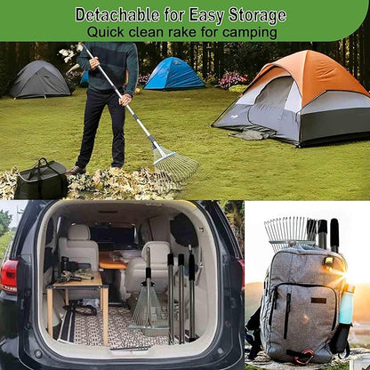 Garden Rake for Leaves, Metal Leaf Rake for Lawns with Adjustable Handle 【34"-68"】 & Folding Head 【8"-17"】，for Lawns, Yards, Leaves, Gardening