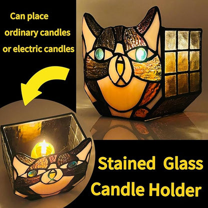 Tiffany Cute Cat Stained Glass Flower Pots,Indoor and Outdoor Plant Displays,Black Cat Plant Planter,Candle Holder Container Decoration 4.6 x 5.15 x 3 inch(Without Succulents)