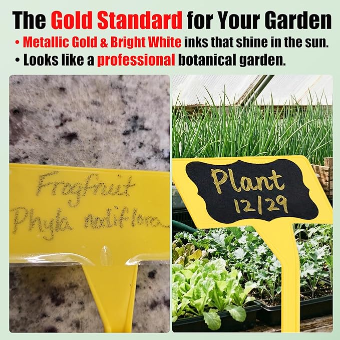 100 Pack T-Type Plant Labels for Outdoor Garden (5 Colors) with 104 Black Stickers & 2 Gold Paint Pen, Large 11.8" Waterproof Plastic Garden Markers Tags for Herbs, Flowers, Vegetables