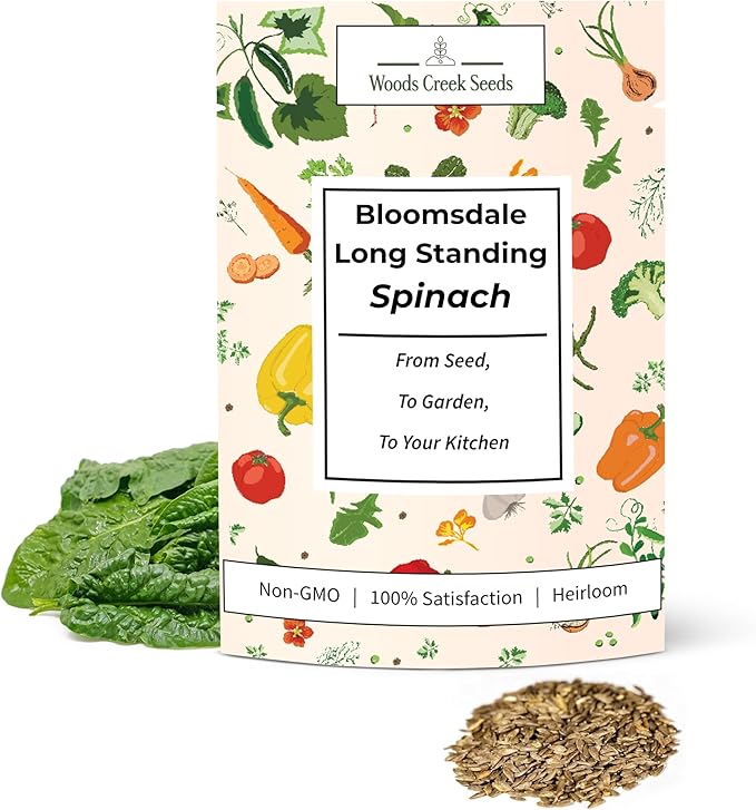 Bloomsdale Long Standing Spinach Seeds for Planting – Heirloom Spinach Seeds for Home Gardens, Tender Baby Spinach Leaves, Cold Hardy Variety for Spring & Fall Growing | Woods Creek Seeds