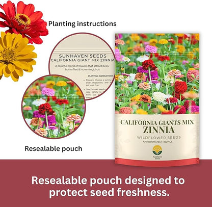 California Giants Zinnia Mix – 4,000+ Seeds – 1 oz Bulk Extra Large Resealable Packet – Premium Heirloom Zinnia elegans Seeds with Giant Blooms in Vibrant Colors
