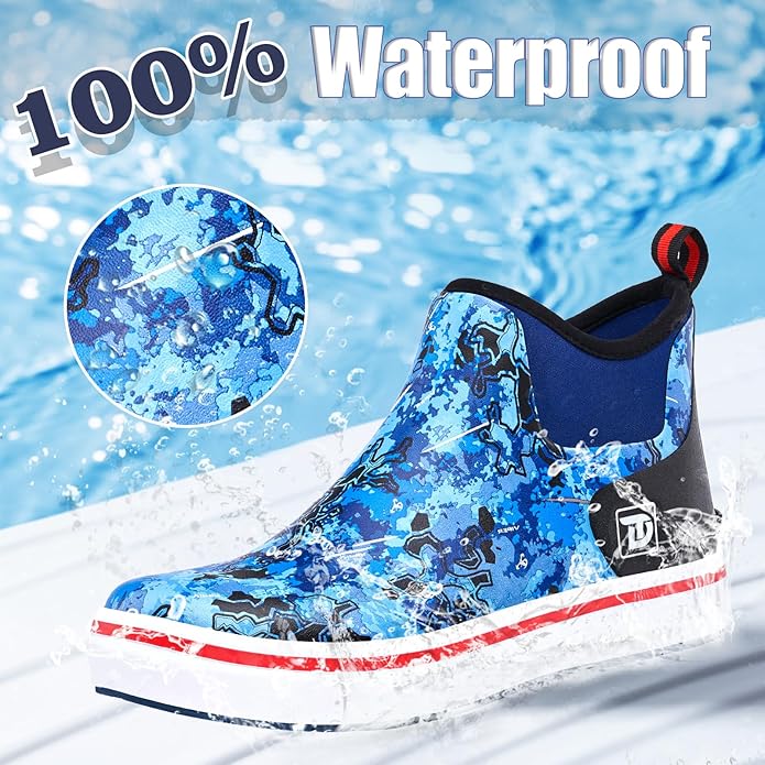 Trudave Mens Deck Boots, Waterproof Rubber Fishing Rain Boots, Anti-slip Short Ankle Shoes for Outdoor Fishing, Boating, Size 5-14