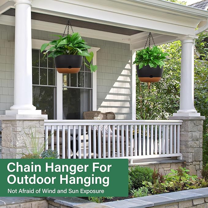 Hanging Planters for Indoor Plants, 2 Pack 8 Inch Self Watering Hanging Pots for Plants with Drainage Holes, Indoor Outdoor Hanging Flower Pots for Home Garden Ceiling Decor (Black)
