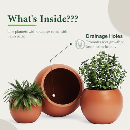 DTY Mount Sherman 12.6" D x 10'' H (Pot Opening 8.5") Fiberstone Round Planter with Drainage Hole, Smooth Finishes, Weather Resistant for Indoor and Outdoor, 2 Extra Coco Mats - Terracotta, Small