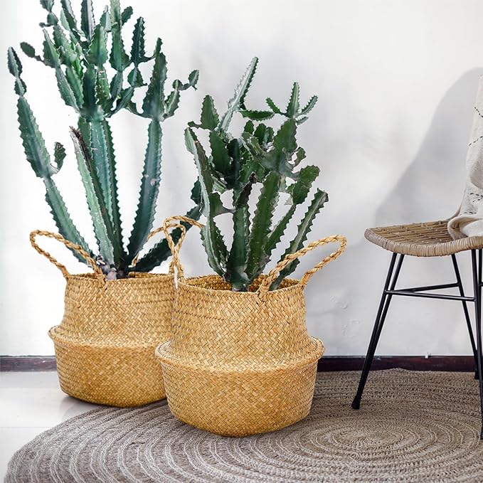 Qunclay 4 Pcs Woven Seagrass Baskets Belly Basket Folding Boho Natural Plant Pot with Handles Round Decorative Wicker Large Indoor Planter for Home Outdoor Tree Planters Decor (L,13''dx11''h)