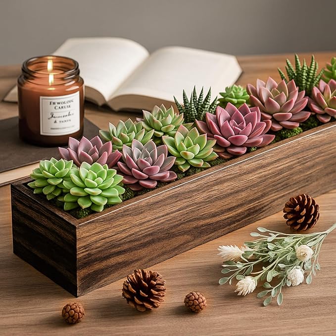 Dandat 1 Set Wood Boxes for Centerpieces 16x4 Inch Rectangle Wooden Planter Box Rustic Wood Planter with Removable Plastic Liner Floral Foam Blocks for Centerpieces Home Wedding Garden Decor