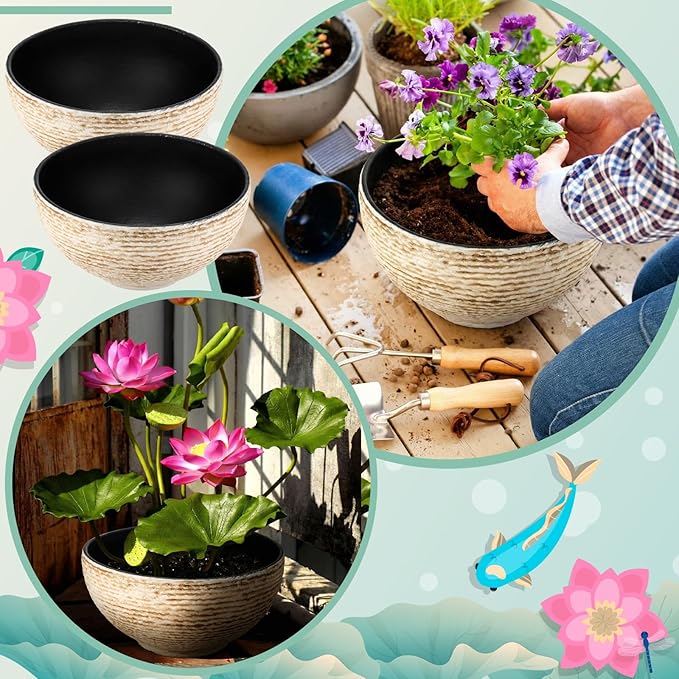 2 Pack Water Lily Planter Bowl, 15.6 Inch Large Lotus Flower Bowl Fit Hydroponic Succulent Planter Water Plant Container for Indoor Outdoor Garden Balcony Patio Fish Pond Bird Bath (White)