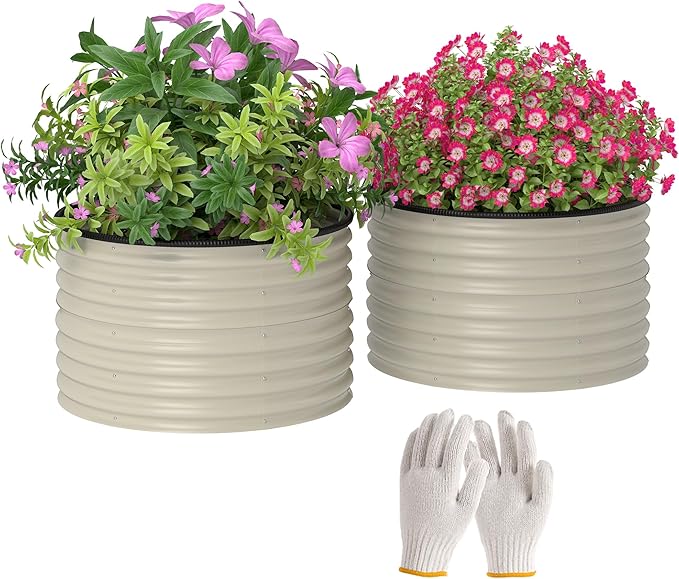 Outsunny Galvanized Raised Garden Bed Set of 2, Planters for Outdoor Plants with Safety Edging, Easy-to-Assemble Stock Tanks for Growing Flowers, Herbs and Vegetables, 3' x 3' x 2', Cream White