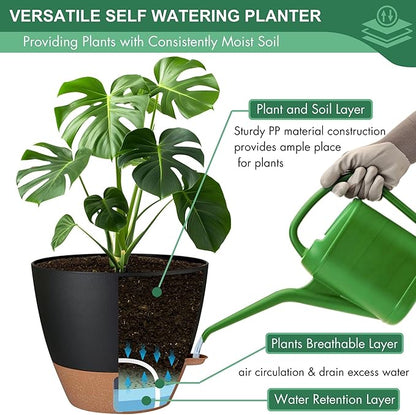montresor 5-Pack Self-Watering Plastic Plant Pots 5/5.5/6/6.5/7 Inch– Black Indoor Flower Pots with Wick & Water Tray for Herbs, Succulents, Seedlings, Small Plants