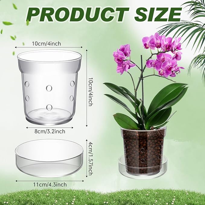 Baderke 1 Pcs Orchid Pot with Drainage Holes and Tray Transparent Glass Pot Planter for Orchids Flower Repotting Anti Slip Glass Plant Vase for Indoor Outdoor Home Decor (4 Inch)