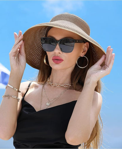 Womens Beach Straw Sun Hats Ponytail Hole Wide Brim Summer Visor Foldable Hat Sun Protection Packable for Travel Pool