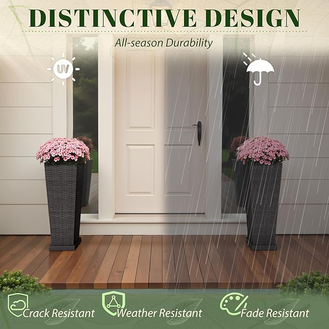 JUMMICO Set of 2 Resin Rattan Tall Planters for Outdoor Plants, Large Tapered Planters with Drainage Holes, Inner Trays and Outer Saucers, Flower Pots for Garden, Patio, Porch, Backyard (Black, 24")