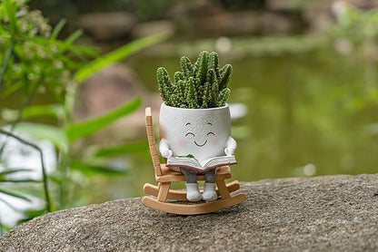 Rocking Chair Smiley Face Planter with Drainage Hole, Cute Plant Pots for Indoor Outdoor Plants,Unique Flower Pot for Succulents, Gift for Mother's Day, Birthday, Christmas(White)