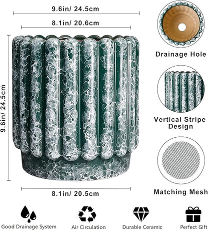 Ceramic Pots for Plants - 9.6 Inch Plant Pot Indoor with Drainage Hole, Large Ceramic Planters for Outdoor, Fluted Round Flower Planter, Home Decor Living Room, Birthday Gifts, Green
