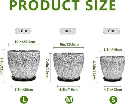 Ceramic Pots for Plants - 10+8+6 Inch Round Flower Pots with Drainage Holes and Saucers, Decorative Planters for Indoor Outdoor, Porch Decor, Housewarming Gifts, Set of 3, White-Black