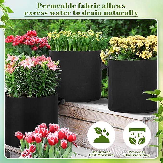 10 Pack Plant Grow Bags 15 Gallon 5 Gallon 3 Gallon Heavy Duty 300g Thickened Nonwoven Aeration Fabric Pots with Handles for Garden Indoor & Outdoor Planting, Moisture Retaining