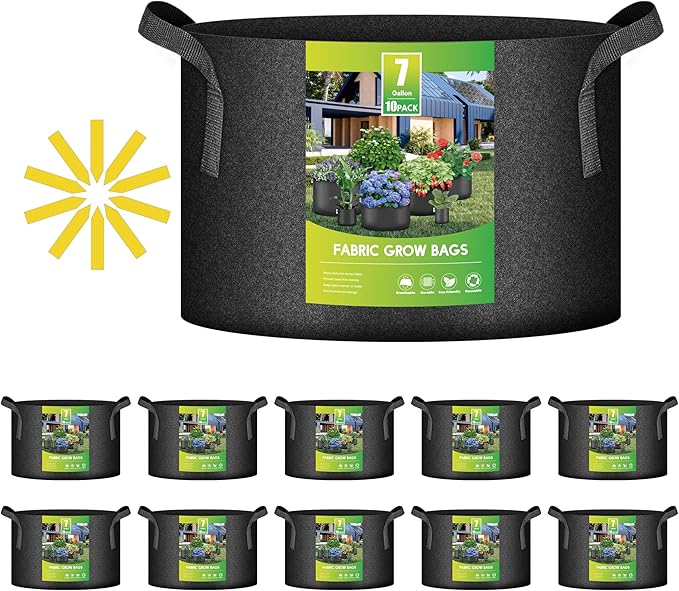 iPower 10-Pack 7 Gallon Plant Bags Heavy Duty Thickened Nonwoven Fabric Potato Growing Pot, Aeration Durable Container with Reinforced Strap Handles, Black