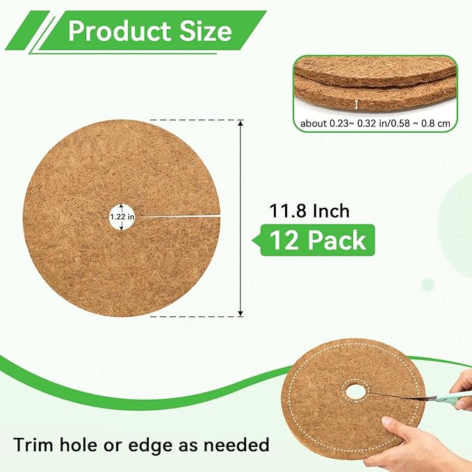 ZeeDix 12 Pack Coconut Fiber Mulch Ring, 11.8 Inch Coco Coir Tree Ring Mulch Mat, 100% Natural Tree Protector Mat Plant Cover Ring Coconut Coir Discs Tree Mats Mulch Rings for Indoor Outdoor Plants