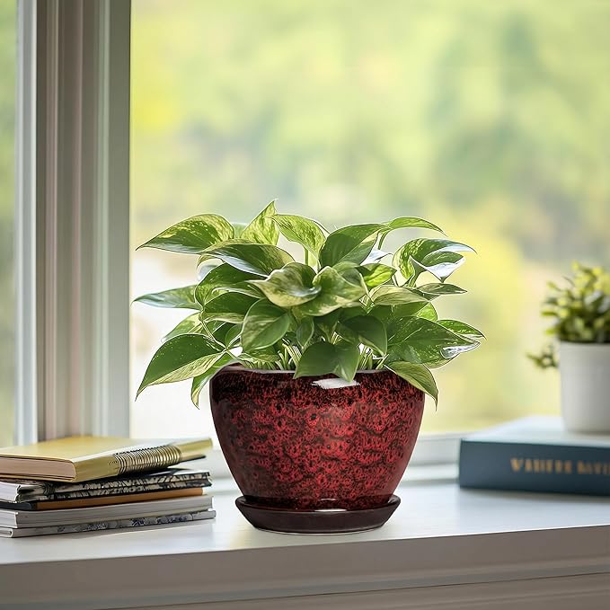 6 Inch Ceramic Pots for Plants - Indoor Plant Pots with Drainage Hole and Saucer, Decorative Planters for Outdoor Plants, Modern Planter, Living Room Decor, Gardening Gifts, Red Leopard
