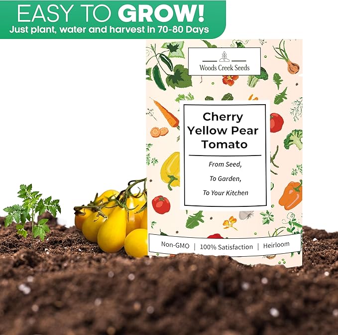 Yellow Pear Cherry Tomato Seeds – Heirloom Non-GMO Indeterminate Tomatoes for Planting Outdoors & Patio Gardens | Woods Creek Seeds