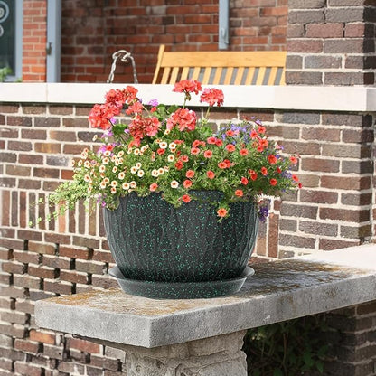 12/10/9 inch Large Plant Pots, 3 Pack Wide Flower Pots for Outdoor Indoor Plants, Water Ripples Plastic Planters with Drainage Holes and Saucers for Garden House, Black with Green Speckles