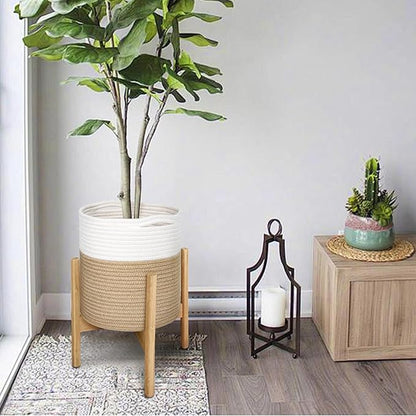 11" Wicker Plant Basket, Jute Spliced Cotton Rope Woven Basket Planter for 10 inch Pot, Indoor Decorative Flower Pot Cover, Boho Bin for Artificial Trees, Small Round Bin for Decor